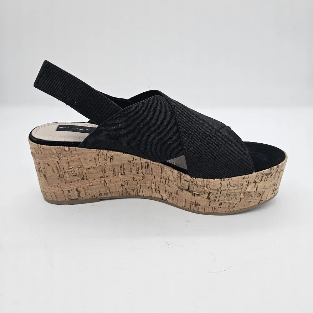 Steven Steve Madden Caly Black Sandal Cork Wedge Bottom Open Toe Black 9.5 NEW